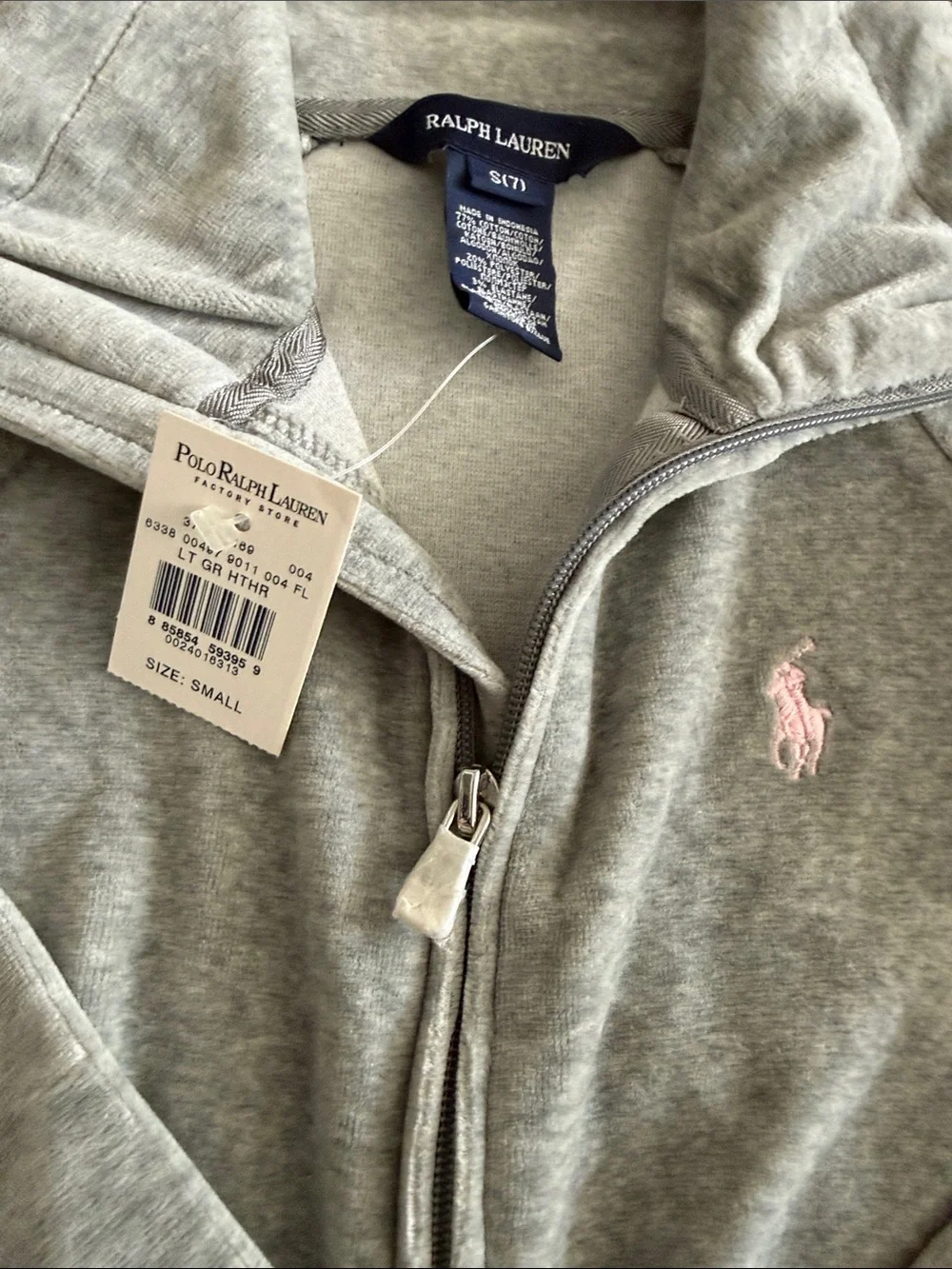 Ralph Lauren Light Gray Zip-Up Sweatshirt with Pink Pony